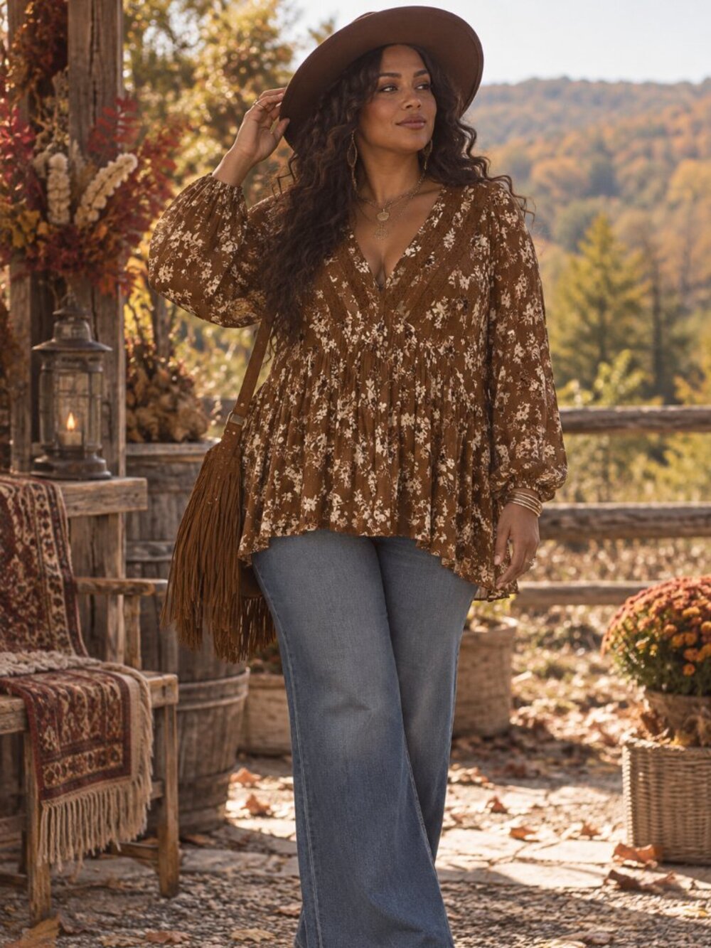 Torrid Brown Floral Lace Trim Boho Blouse